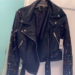 Brand new navy detailed floral leather jacket